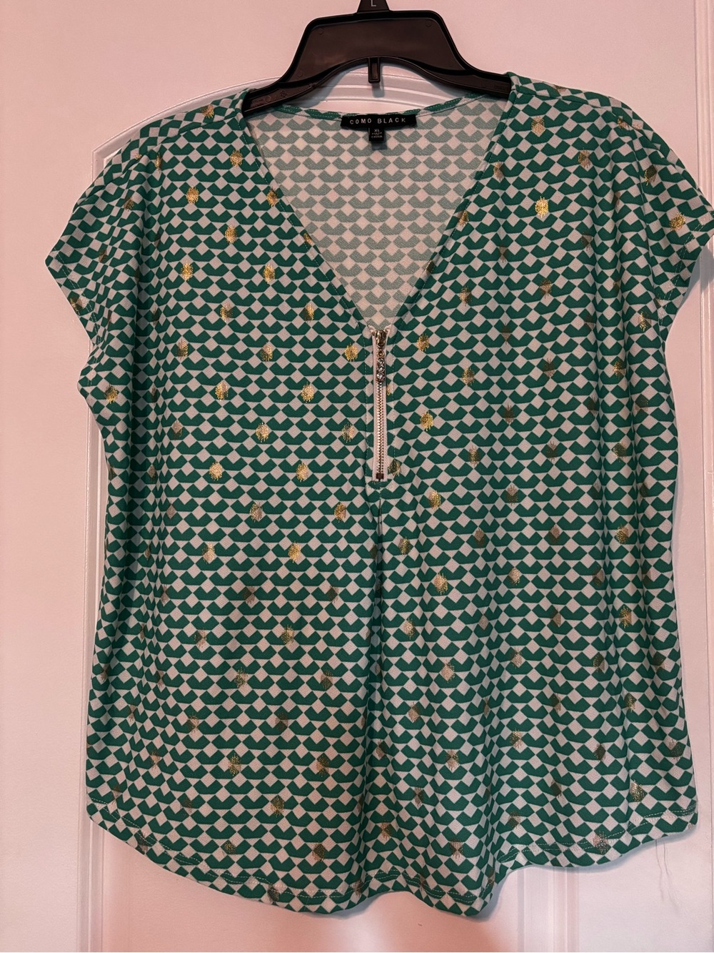 Como Black- Green Geometric Zip-Front Women's Top XL 95% polyester